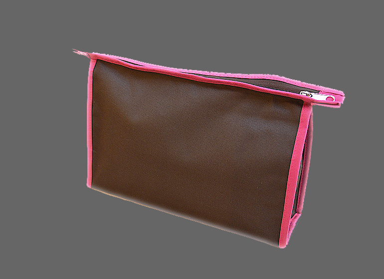 BLS Cosmetic Bag. Brown with Hot Pink Trims.All Lined.Zipper.